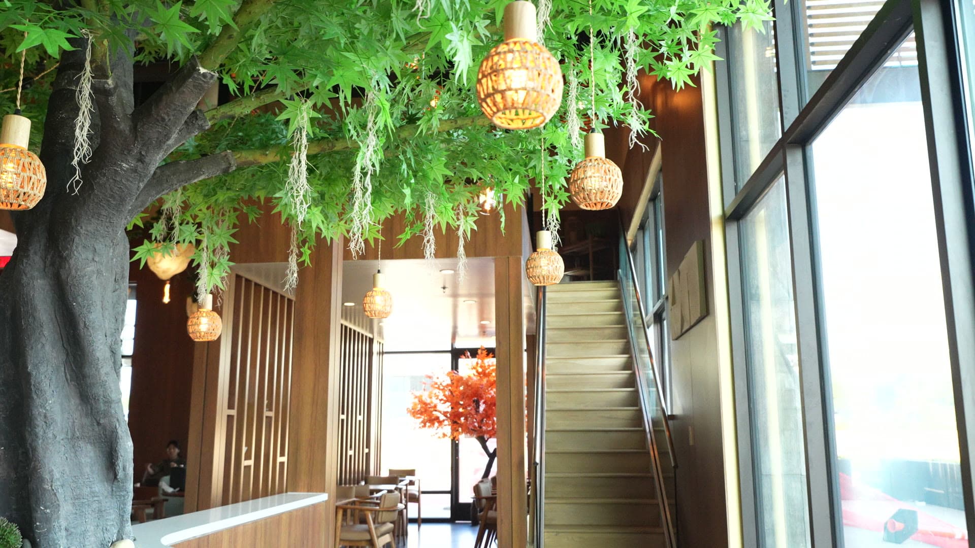 Lush maple canopy and woven lantern light inside Escape 360 Carrollton